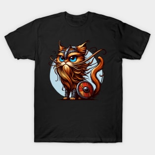 Funny Viking Warrior Cat Norse Mythology Cartoon Portrait T-Shirt